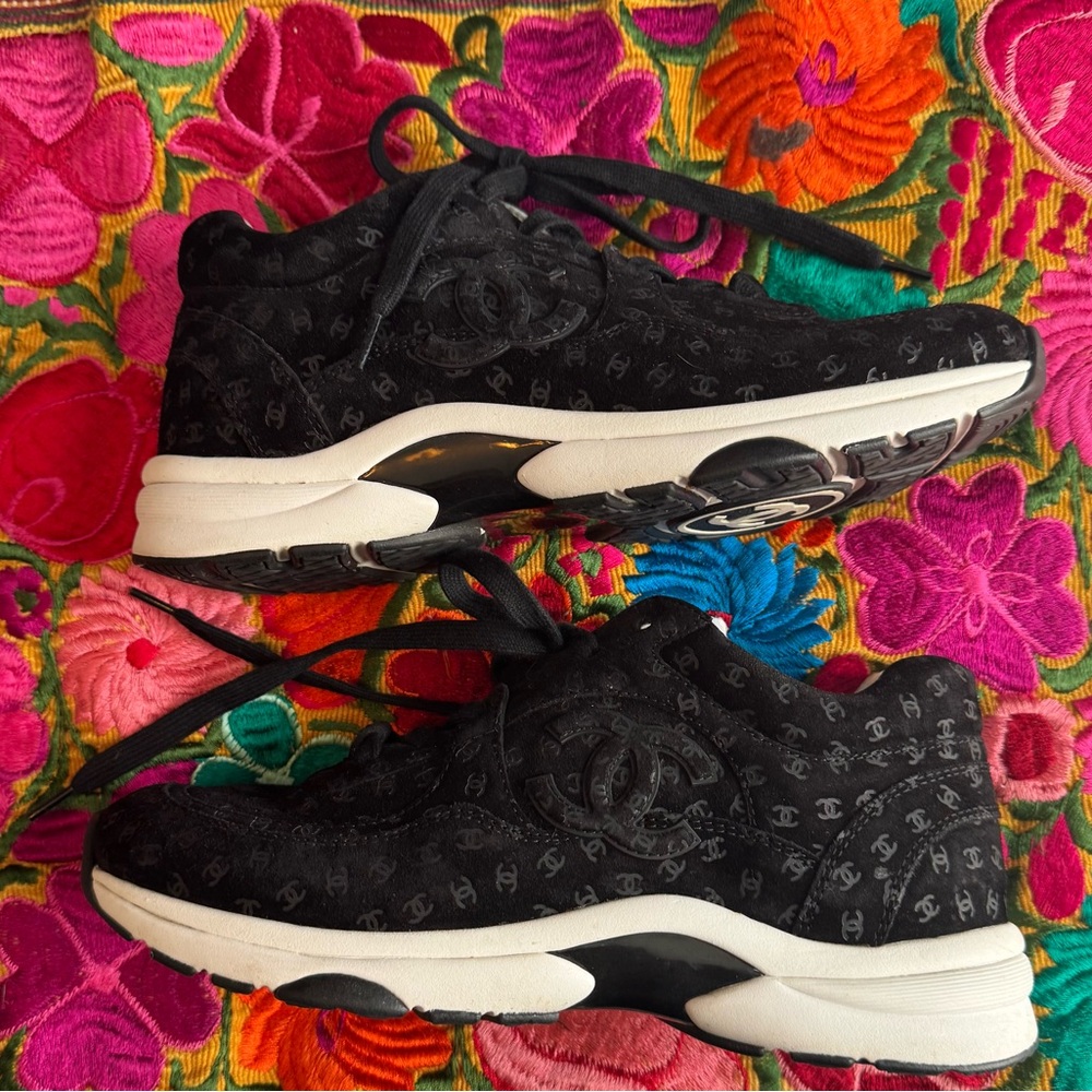 Chanel Signature Black Velvet Trainer Sneakers - Picture 1 of 10
